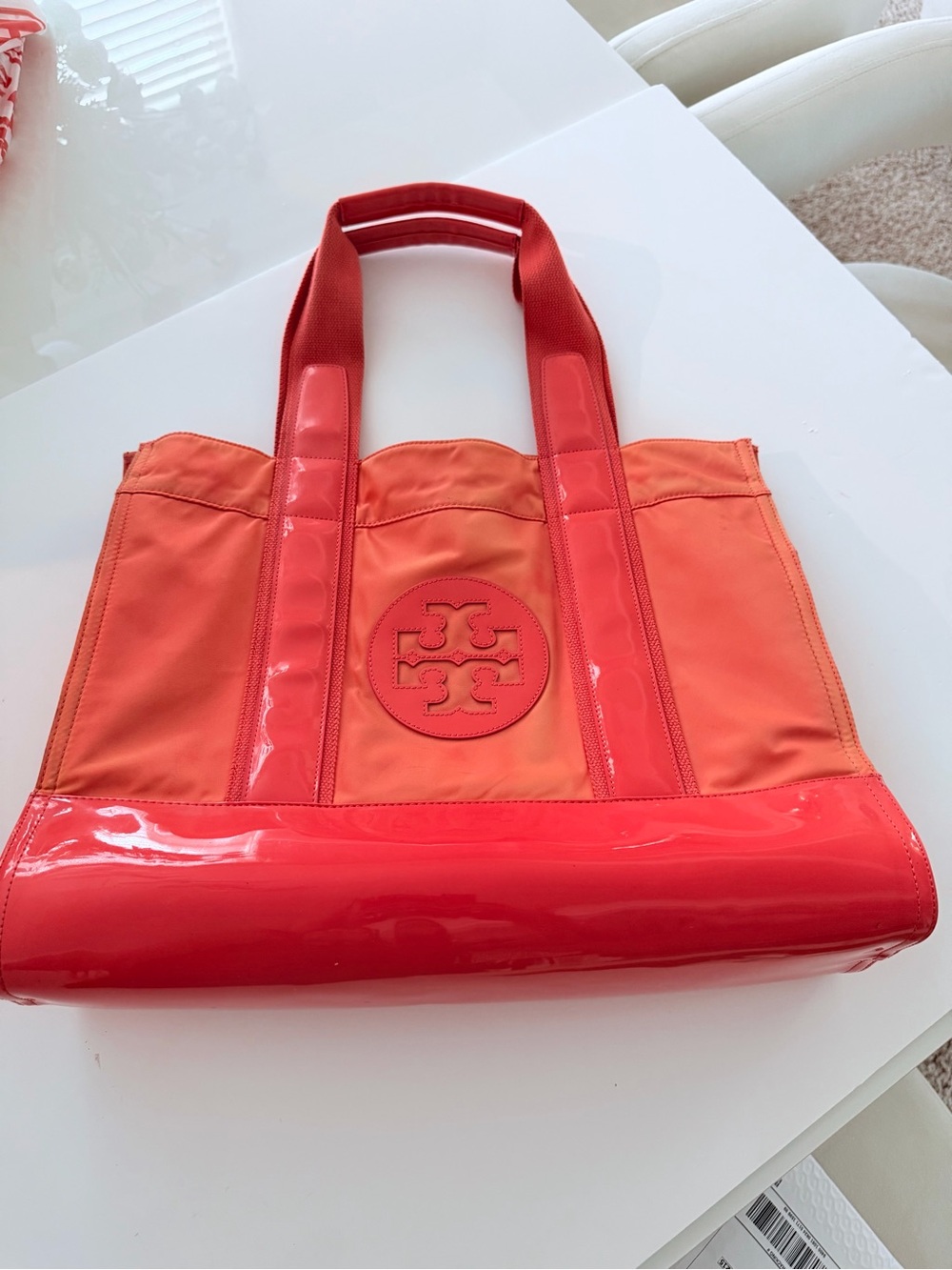 Tory Burch Orange Tote with Red-Orange Patent Trim
